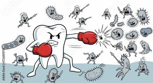 Tooth protection shows healthy molar fighting germs, with boxing gloves in dental care. Tooth protection displays strong defense against bacteria and viruses to maintain oral hygiene.