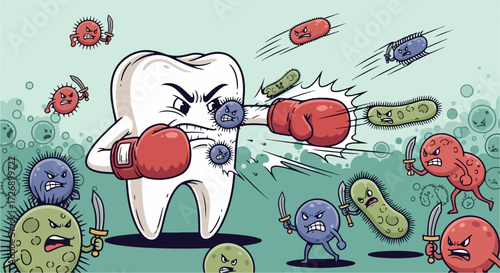 Tooth decay prevention using a strong tooth fights against bacteria with boxing gloves, decay prevention is essential for healthy smiles.