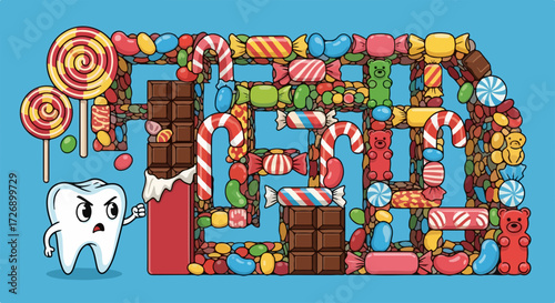 Tooth decay concept depicts tooth decay by candy, chocolate and lollipop against an angry tooth. Sweet tooth causes tooth decay and results in enamel destruction and cavities,