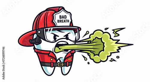 Bad breath illustration depicts cartoon tooth dressed as firefighter. Cartoon tooth with badge labeled bad breath expels a green cloud, cartoon tooth in fire fighter uniform looks angry.
