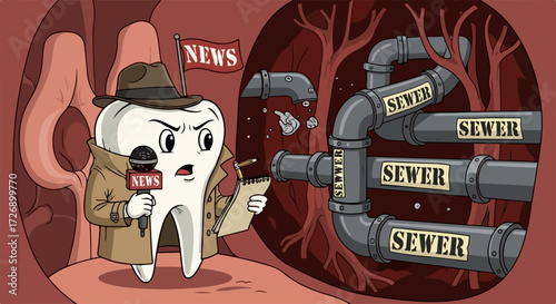 Tooth decay cartoon illustration showing detective tooth near leaking sewer pipes. Funny tooth decay illustration represents dental hygiene problems and the importance of preventing caries.