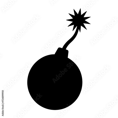 Silhouette of a classic cartoon bomb with a lit fuse on white