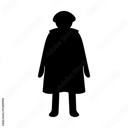 Full body silhouette of person in overcoat and hat with white background