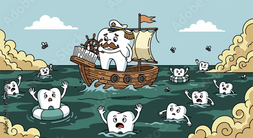 Cartoon tooth captain on ship, steering for better dental health. Drowning teeth struggle in water, emphasizing urgent need for dental health. Playful illustration for clinic promoting dental health.