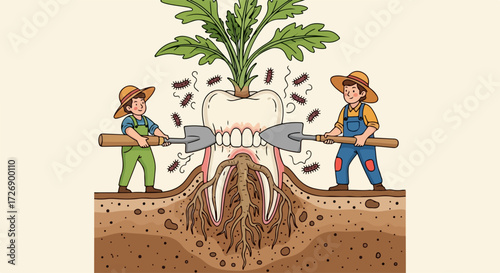 Aggressive cartoon tooth fighting against bacteria with determined expression is depicted, a cartoon tooth warding off germs, showcasing aggressive cartoon tooth fighting against bacteria.