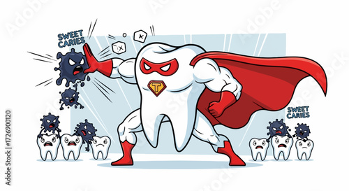 Superhero tooth protects against caries in dental hygiene concept, demonstrating healthy teeth defeating sweet caries. This superhero tooth fights against dental caries to maintain oral health,
