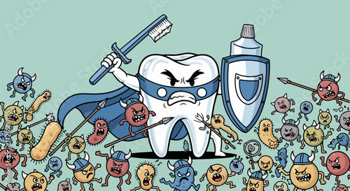 Tooth protection in a cartoon style illustration, representing a tooth hero with a shield fighting against bacteria. Tooth protection concept features hero with toothbrush, toothpaste, and cape,