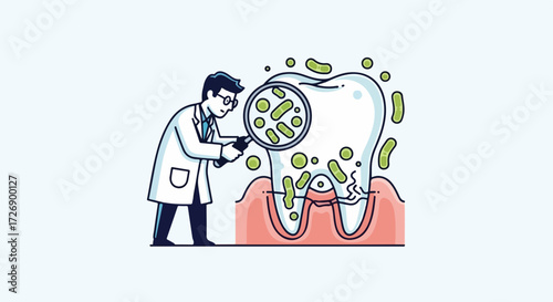 Dentist looking at bacteria on tooth, using magnifying glass for detailed examination. Tooth decay is checked by doctor, showing oral health problems, infection and cavities.