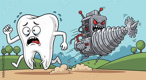 Frightened tooth flees from electric toothbrush. Cartoon tooth flees from evil electric toothbrush. Frightened tooth in jail features cartoon tooth behind bars with scared expression,