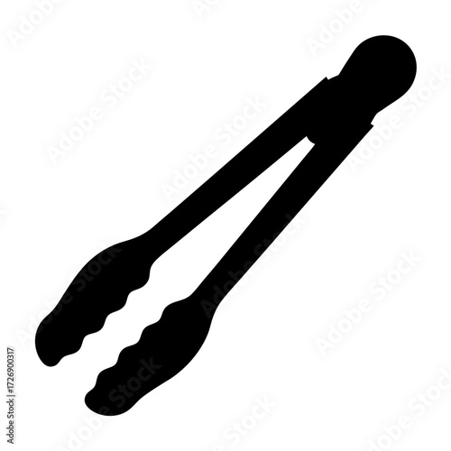 Simple monochrome silhouette of a pair of kitchen tongs on a white background