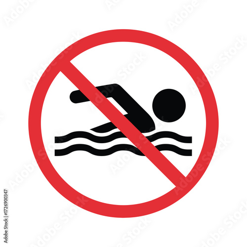 Red prohibition circle with a stylized swimmer and waves indicating no swimming allowed