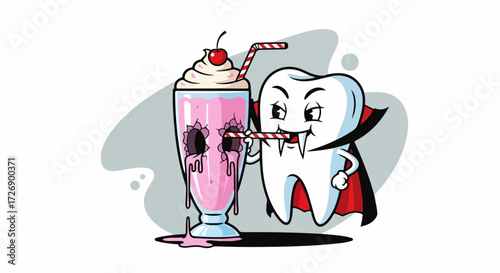 Illustrated tooth with milkshake cartoon character drinking a strawberry milkshake, featuring a cartoon tooth dressed as a vampire, savoring its straw.
