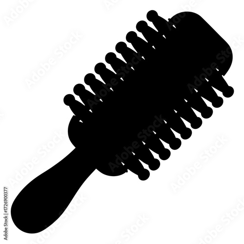 Silhouette of a round hair brush with a handle on white background