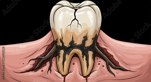 Decayed tooth shows cracks and dark stains, portraying dental problems, gum disease, a tooth damaged by decay. Decayed tooth symbolizes poor oral hygiene, neglect leading to infections.