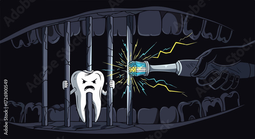 Tooth decay concept with angry tooth trapped in cage getting brushed with electric toothbrush. Tooth decay prevented by oral hygiene,