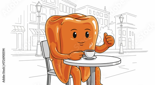 Happy tooth illustration with chocolate candy against beige backdrop, depicting Зуб с шоколадом. Зуб с шоколадом design features cartoon character joyfully smiling with confectionery treat,