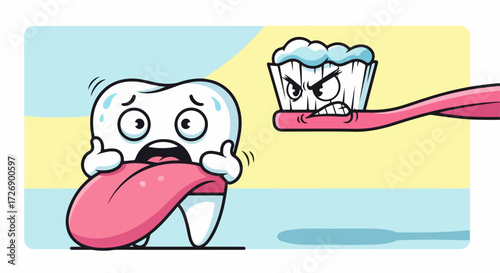 Toothache cartoon showing unhappy tooth being squeezed, experiencing discomfort. Zubnaya bol' multyashnaya illustrates tooth's pain, gums compress with intensity, causing oral distress.