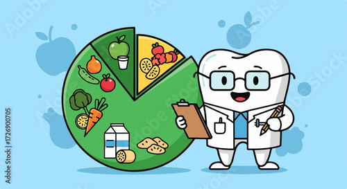 Dental care presentation displaying healthy nutrition and cheerful cartoon tooth character. Healthy nutrition for dental care features vegetables, fruits and dairy to help maintain oral hygiene,