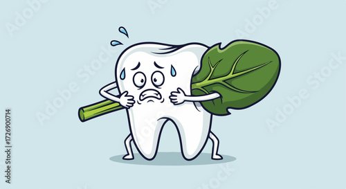 Cartoon tooth character with trapped spinach, a funny dental illustration depicting oral hygiene. Cute cartoon tooth caught with spinach, showing worried expression,