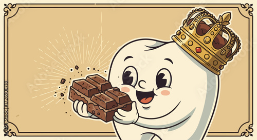 Adorable tooth character holding chocolate bar with joyful smile, healthy tooth concept. Cute tooth character crowned with golden tiara is promoting dental hygiene habits.