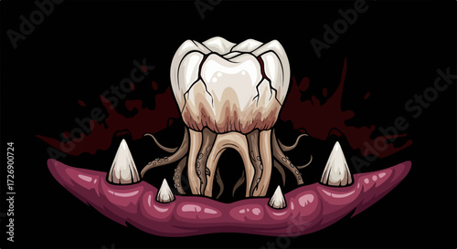 Illustration of decay tooth with cracked enamel and exposed roots on black background. Concept of decay tooth caused by poor dental hygiene and diet, leading to toothaches, infections, and tooth loss.