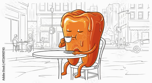 Cartoon tooth drinking coffee in street cafe. Cartoon tooth character sits at round table on city street and enjoying beverage. Animated cartoon tooth on city backdrop conveys relaxation, humor,