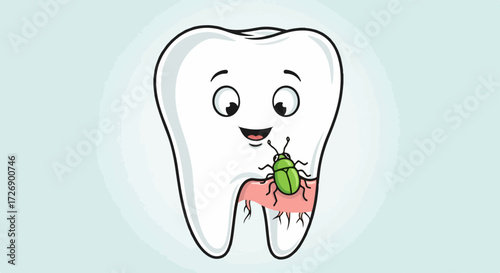 Cartoon tooth character displays a tooth problem with beetle crawling on gums. Tooth problem includes decay and potential need for dental care.