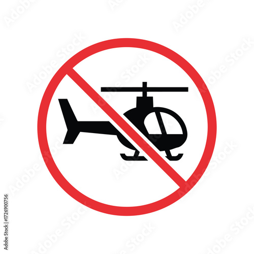 Red prohibition circle with a black silhouette of a helicopter crossed out indicating no helicopter landing or flying allowed
