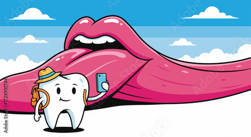 Cartoon tooth taking selfie with pink lips and tongue, enjoying travel adventure. Taking selfie captures tooth's journey, making it a memorable travel adventure.
