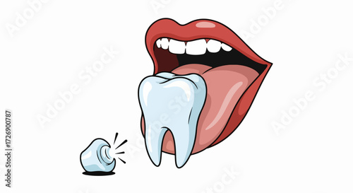 Mouth and tooth concept with dental floss for oral care, a funny cartoon about teeth and mouth. Open mouth shows tooth and tongue, with dental floss promoting oral hygiene.