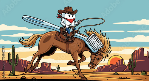 Cartoon illustration presenting tooth cowboy riding horse made of toothbrush in desert landscape. Tooth cowboy is a fun concept for children's oral hygiene education.