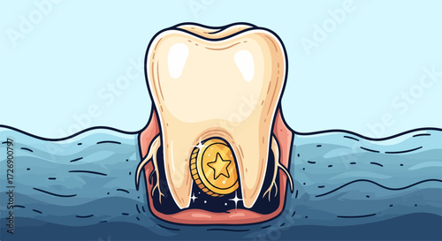 Tooth fairy coin inside tooth with gums surrounded by wavy blue water, tooth fairy coin concept. Shiny gold tooth fairy coin gleams inside cavity, with cartoon water and gums.