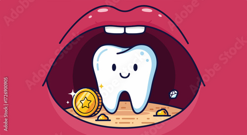 Tooth fairy inside open mouth with golden coin. Tooth fairy concept in open mouth with happy tooth. Tooth fairy is here to exchange gold for your lost tooth.