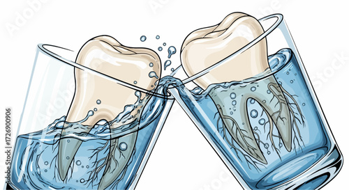 Tooth ache illustration, two teeth immersed in water glasses clinking together, creating splash effect. Toothache depicted with teeth in glasses implies unhealthy dental hygiene.