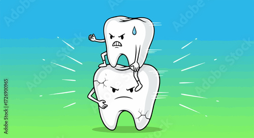 Dental health issues depicted by two cartoon teeth, where one smaller healthy tooth stands atop a larger, cracked tooth, illustrating dental health issues in an engaging way.