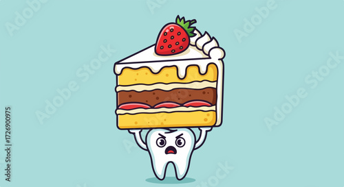 Cartoon tooth lifting cake, symbolizing sugar damage and poor dental hygiene. Cartoon tooth showing teeth lifting cake high above its head, showcasing dental health risks from sweets.
