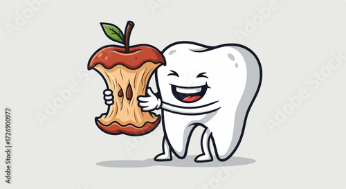 Healthy tooth cartoon with bitten apple in funny dental care illustration. Smiling healthy tooth holds a bitten apple core, promoting good oral hygiene, and healthy lifestyle.