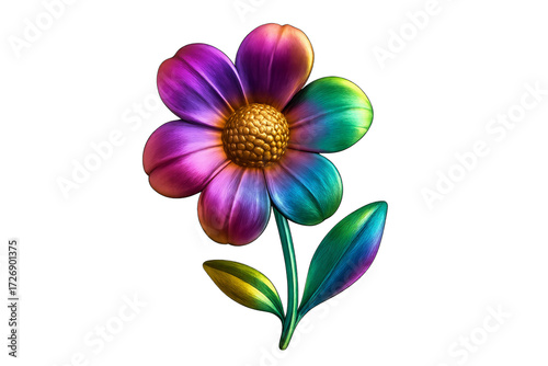 Chromatic Floral Fantasy: A vibrantly colorful flower, bursting with hues of violet, blue, and gold, blossoms in a digital illustration