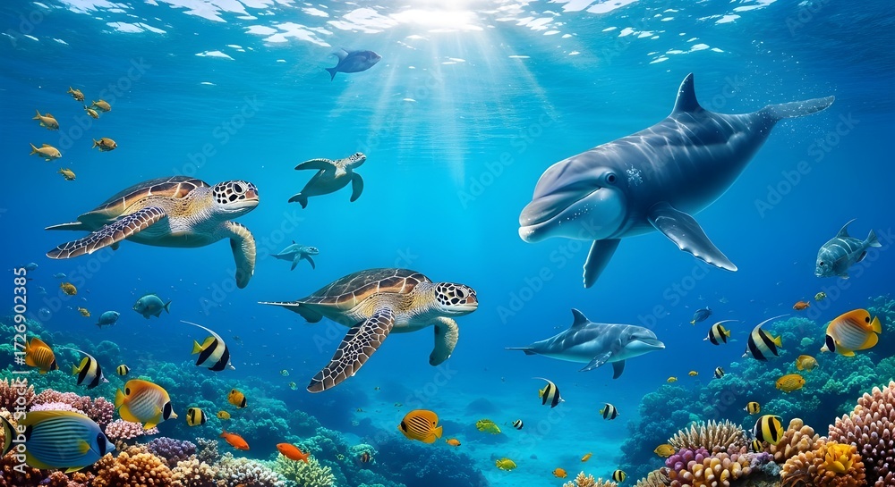 Fototapeta premium Vibrant coral reef teeming with marine life, including majestic sea turtles and playful dolphins swimming gracefully in sun-drenched clear blue ocean waters