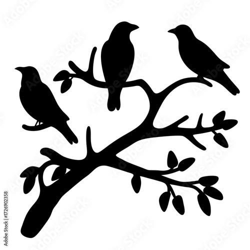 Three birds on a branch, a silhouette in black against white