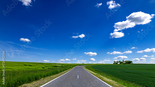 Idyllische Landschaft mit blauem Himmel und grünen Pflanzen im Sommer 