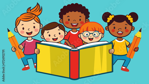 Cheerful Kids on Pencil Cartoon Vector Art Illustration