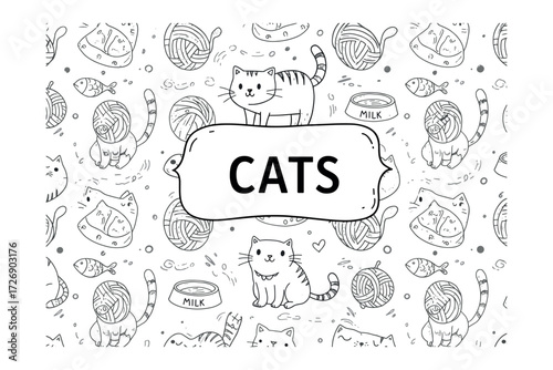 Playful cats engaging with toys and milk indoor setting whimsical style. Vector illustration
