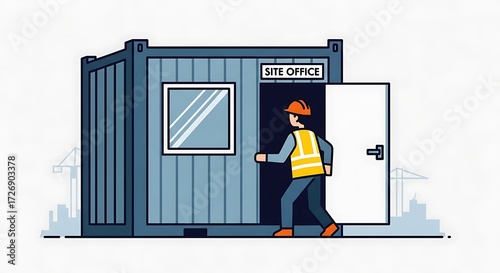Construction worker in a hard hat entering a blue shipping container site office on a building site.