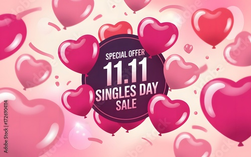 Singles day sale 11 11 special offer with pink heart balloons