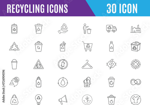 Recycling line icon set. Eco-friendly, green energy, including recycling, waste management, pollution, vector icon in linear style. 