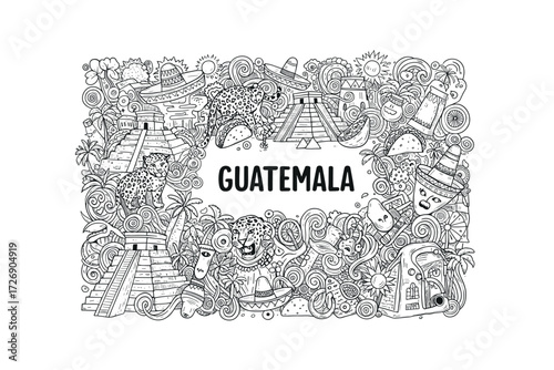 Cultural exploration of guatemala artistic of landmarks and wildlife in a vibrant graphic design. Vector illustration