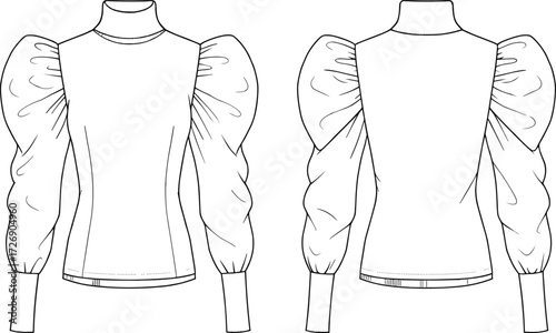 Chic Mock Neck Blouse Technical Fashion Sketch Exaggerated Puff Sleeve Top Button Cuff Vector CAD Flat Front Back View Apparel