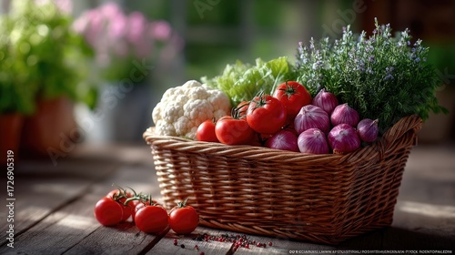 Woven Basket Full of Fresh Vegetables on Rustic Wooden Table in Soft Light