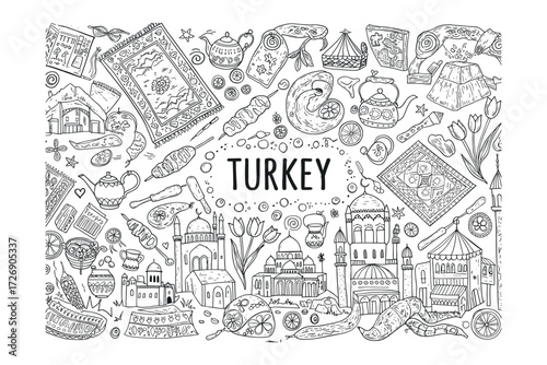 Cultural exploration of turkey traditional artifacts and iconic landmarks graphic travel environment. Vector illustration